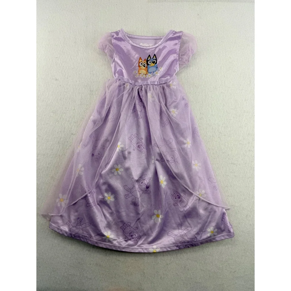 Bluey Bingo Girls Purple Nightgown Dress Mesh Overlay Daisy Floral Size 4T